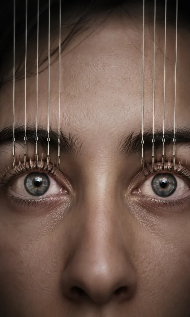 Surreal close-up of exhausted eyes held artificially open while the rest of the face appears depleted