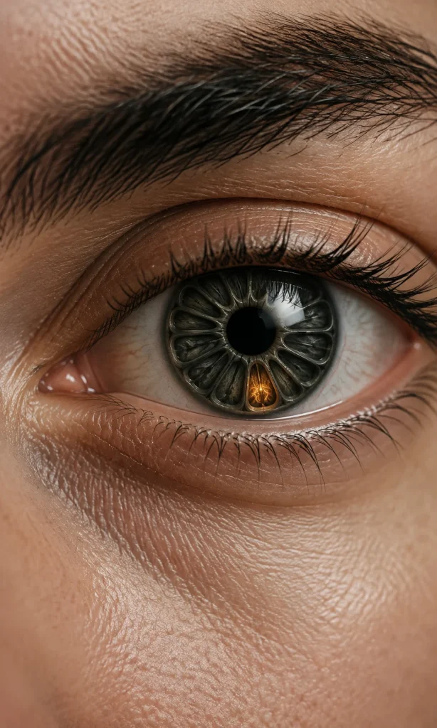 Surreal close-up portrait with an almost empty battery reflected inside an apparently alert eye