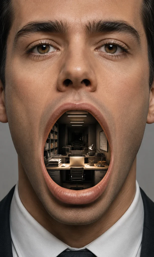 Surreal advertising portrait with a miniature illuminated office visible inside an open mouth