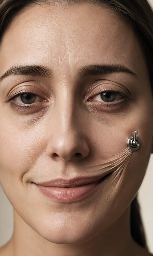 Surreal close-up portrait showing a mechanical smile switch built subtly into the cheek