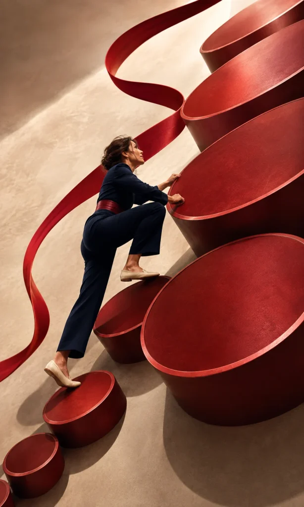 Woman climbing oversized financial discs showing how balance and time increase student loan interest
