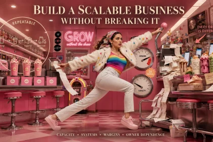 Business founder balancing rising demand and limited capacity while an organized repeatable workflow contrasts with chaotic custom orders.