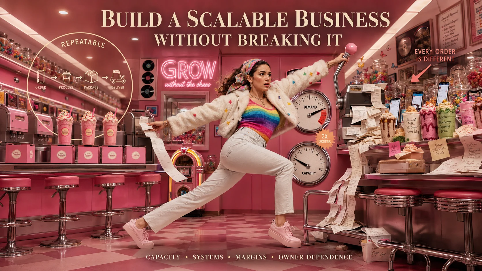 Business founder balancing rising demand and limited capacity while an organized repeatable workflow contrasts with chaotic custom orders.