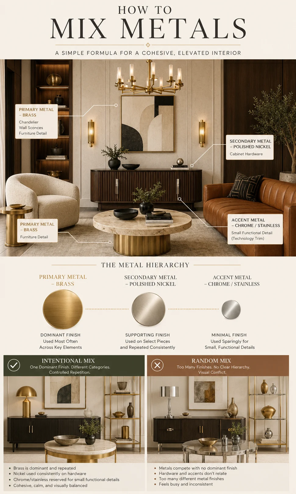 Interior design infographic showing primary secondary and accent metal hierarchy
