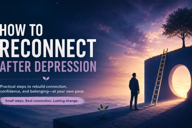 Man approaching a glowing passage and ladder symbolizing gradual reconnection after depression I would keep the alt text descriptive rather than copying the headline. The image already contains the article topic visually and the alt text should explain what the illustration represents.