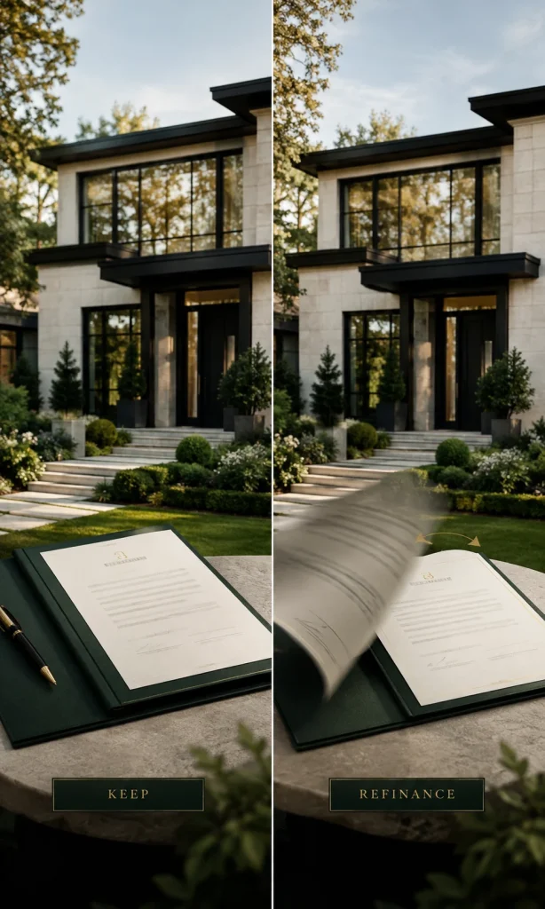 Existing mortgage compared with a new refinance option beside the same home