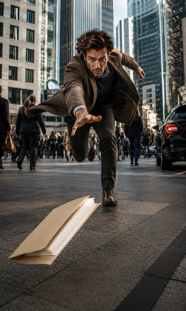 Man running through a crowded business district to catch an important folder before it is carried away