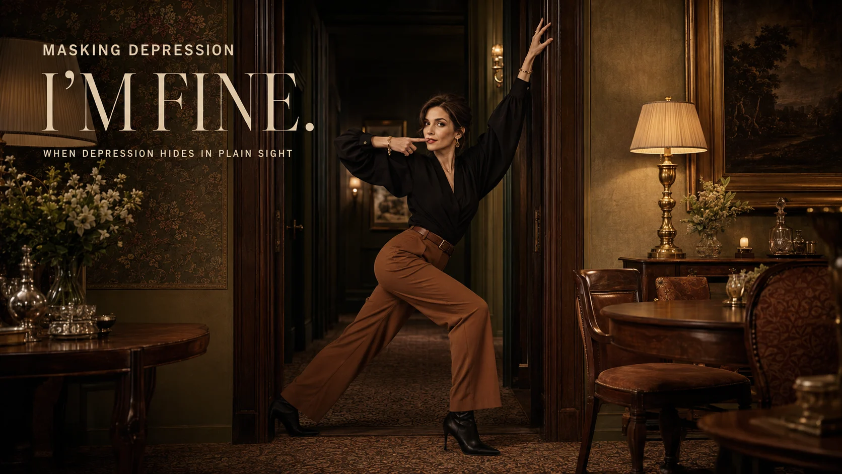 Woman dramatically twisting through a vintage doorway while forcing a composed smile before entering a social room, illustrating masking depression signs.