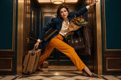 Centered woman in an elegant vintage elevator balancing multiple everyday responsibilities in an extreme fashion pose while maintaining a carefully controlled smile.