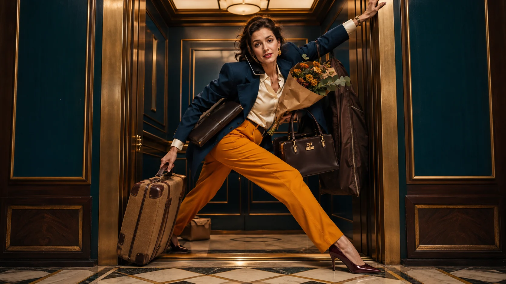 Centered woman in an elegant vintage elevator balancing multiple everyday responsibilities in an extreme fashion pose while maintaining a carefully controlled smile.