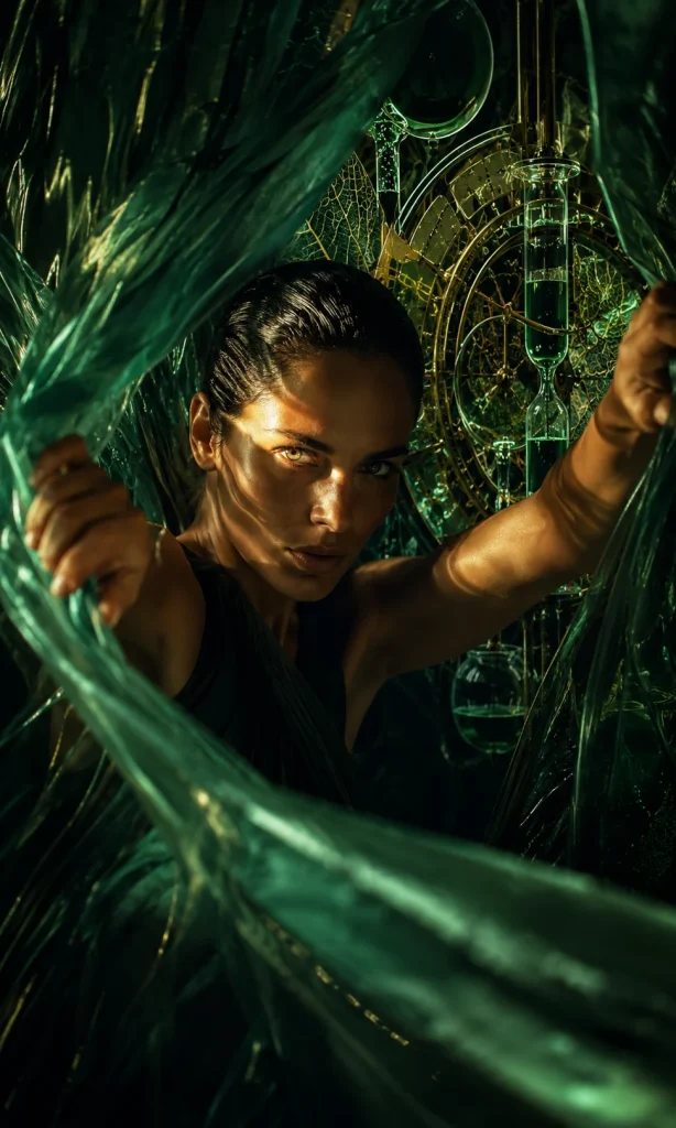 Woman pulling apart layered emerald curtains to reveal hidden mechanisms, representing medication and physical-health factors behind loss of pleasure