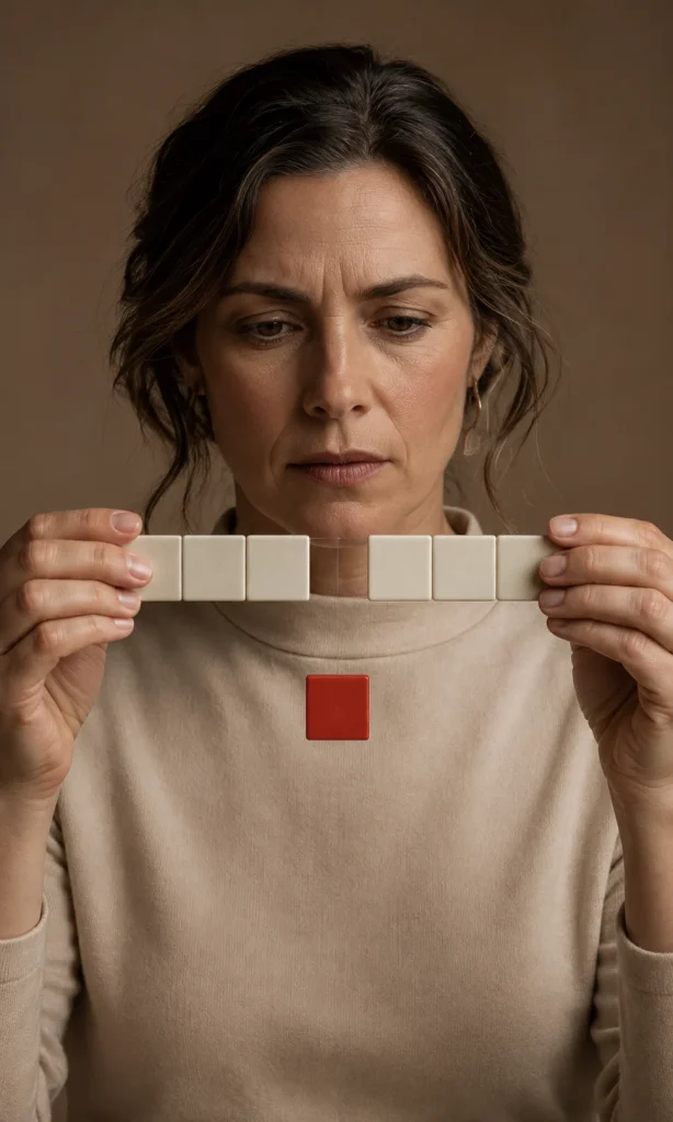 Close-up portrait holding incomplete sequence of objects representing persistent memory changes