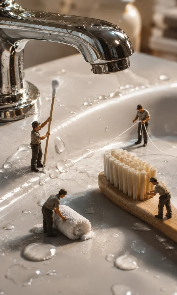 Miniature workers cleaning one small section of an enormous bathroom sink