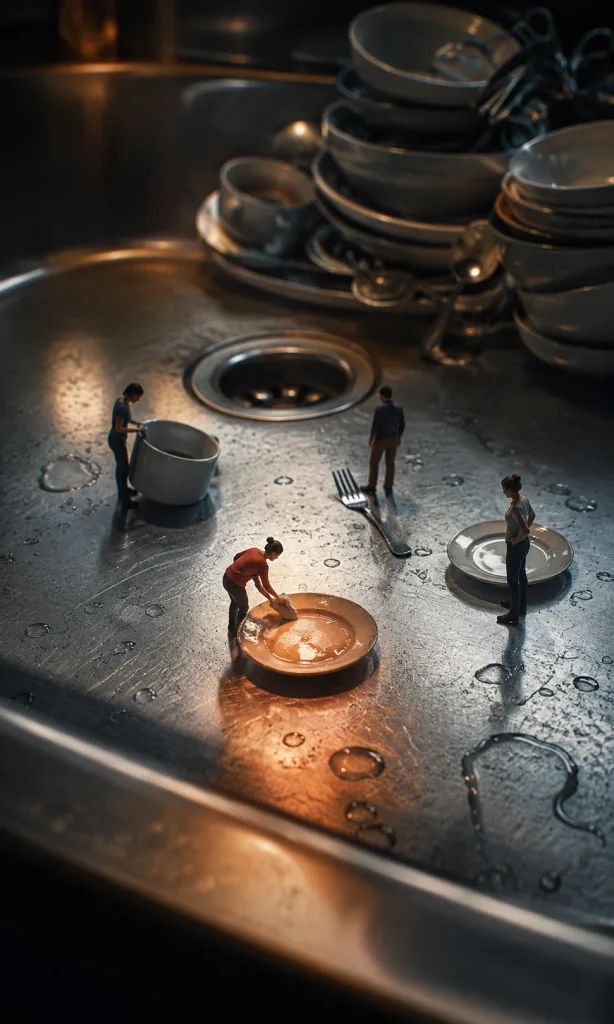 Miniature people moving one dish at a time across a giant kitchen sink representing breaking tasks into smaller steps