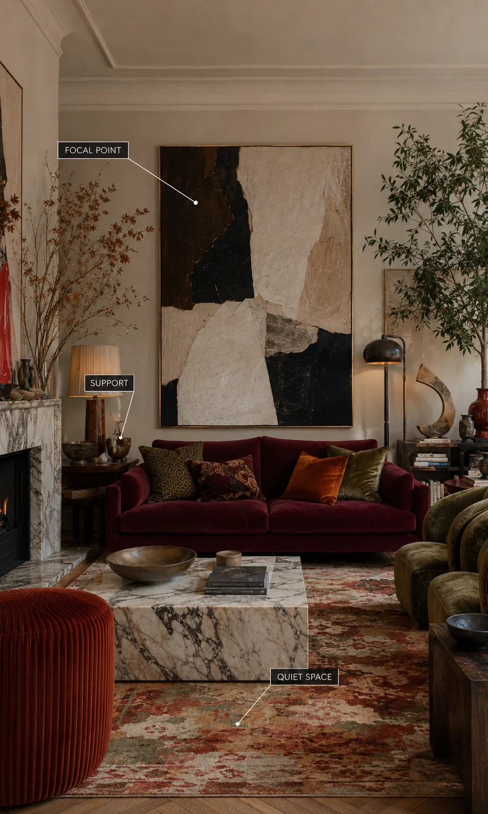 Modern maximalist living room annotated to show focal point, supporting elements and quiet space