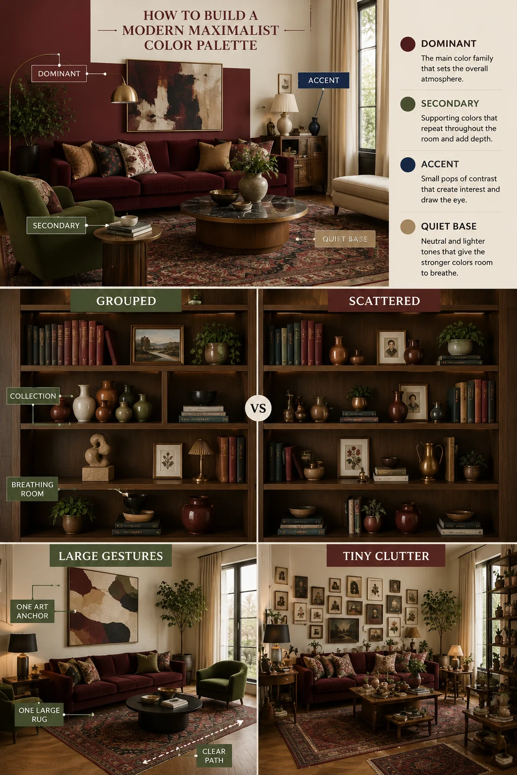 Modern maximalist living room showing dominant, secondary, accent and quiet color roles