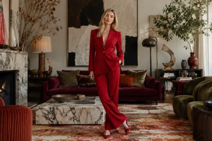 Modern maximalist living room with a centered woman in a red tailored suit surrounded by layered art, velvet furniture, marble and patterned textiles