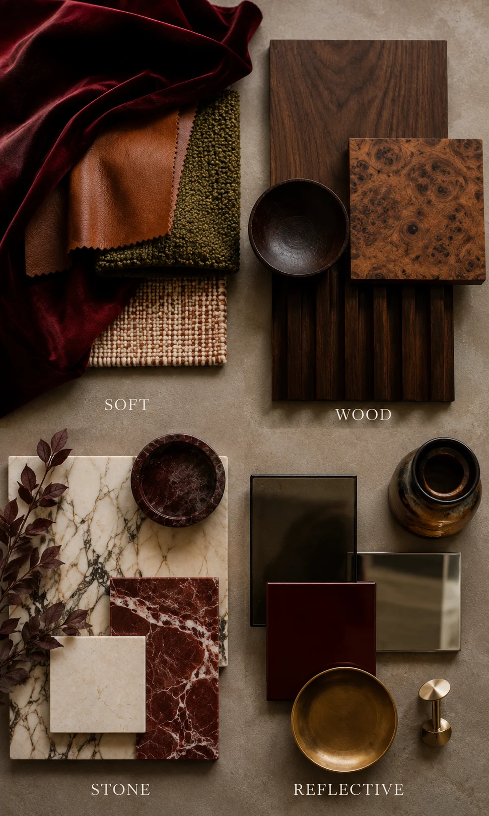 Modern maximalist material palette showing soft fabrics, wood, stone and reflective finishes