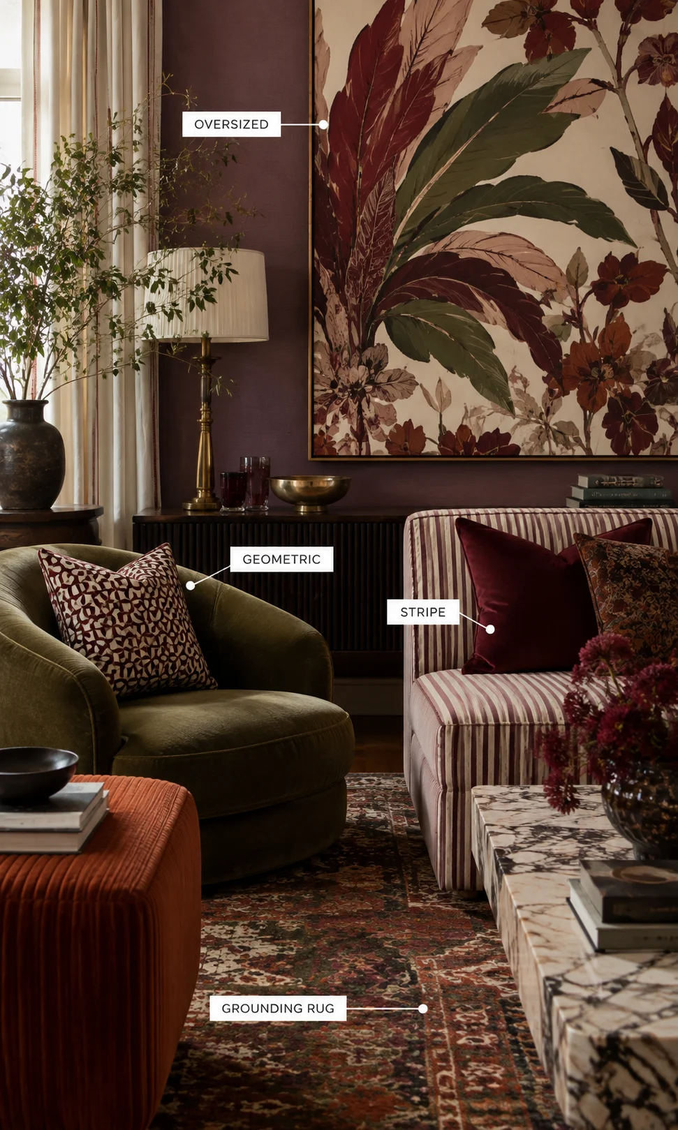 Modern maximalist interior annotated to show oversized botanical, geometric, stripe and grounding rug patterns