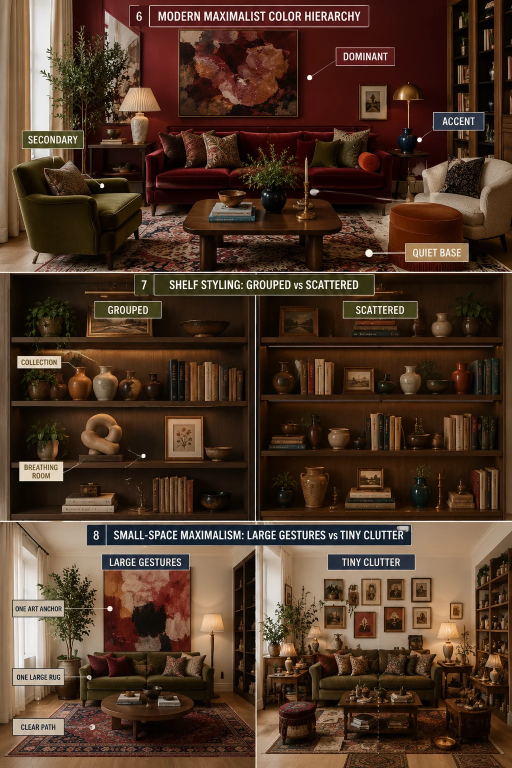 Modern maximalist bookshelf comparison showing grouped collections and scattered decorative objects