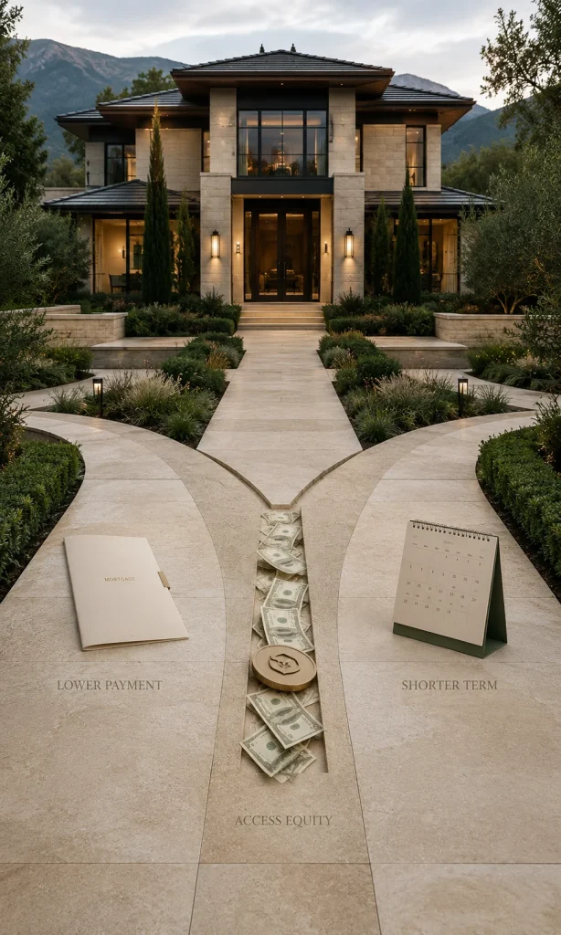 Homeowner choosing between lower payment shorter term and cash-out refinance goals