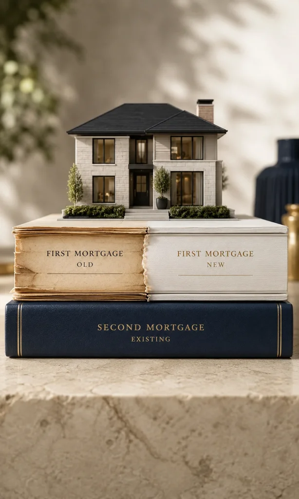 First mortgage and second mortgage shown in different lien positions beneath a house
