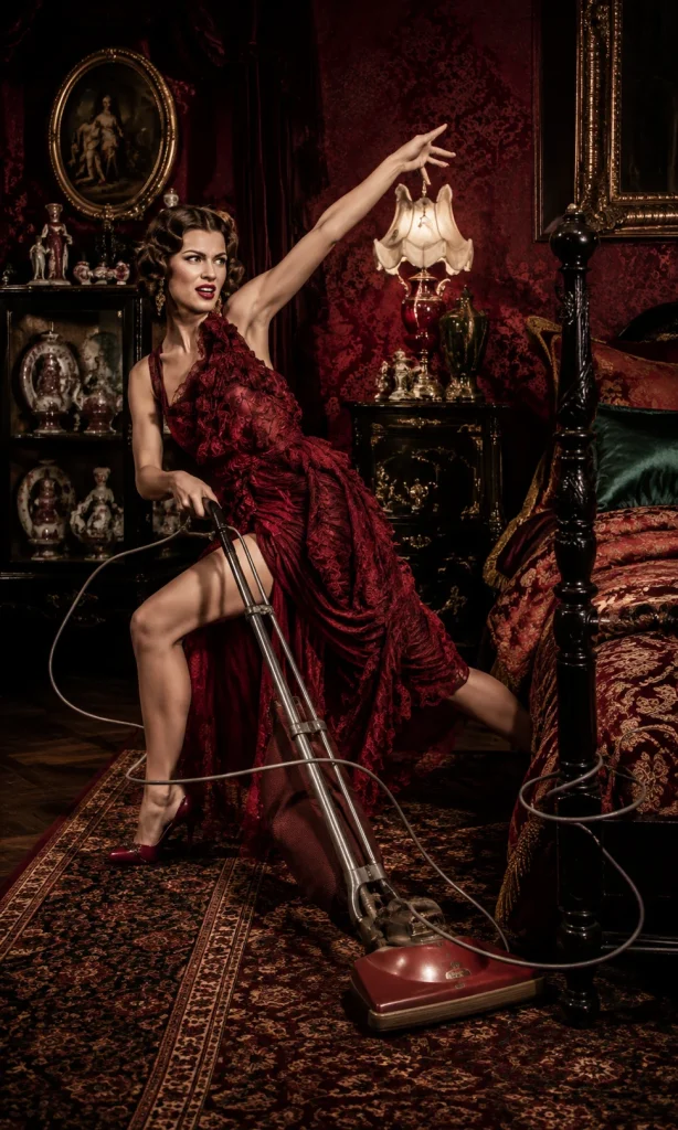 Woman dramatically vacuuming a red room after overcoming the difficulty of starting.