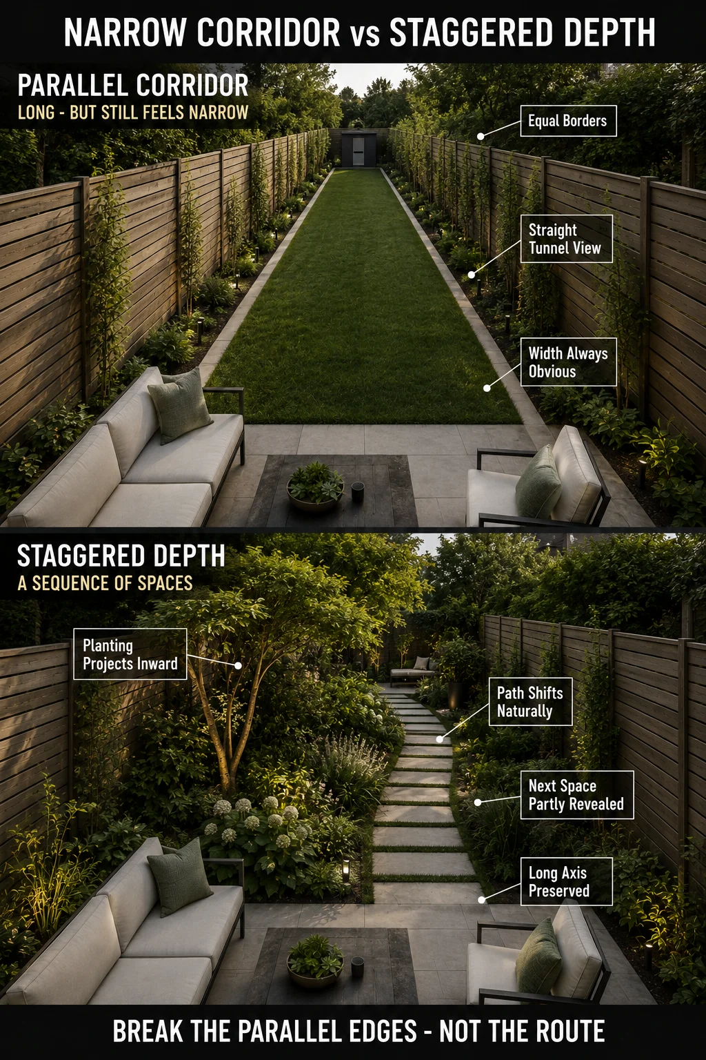 Narrow garden comparison showing parallel borders creating a corridor versus staggered planting creating a sequence of spaces