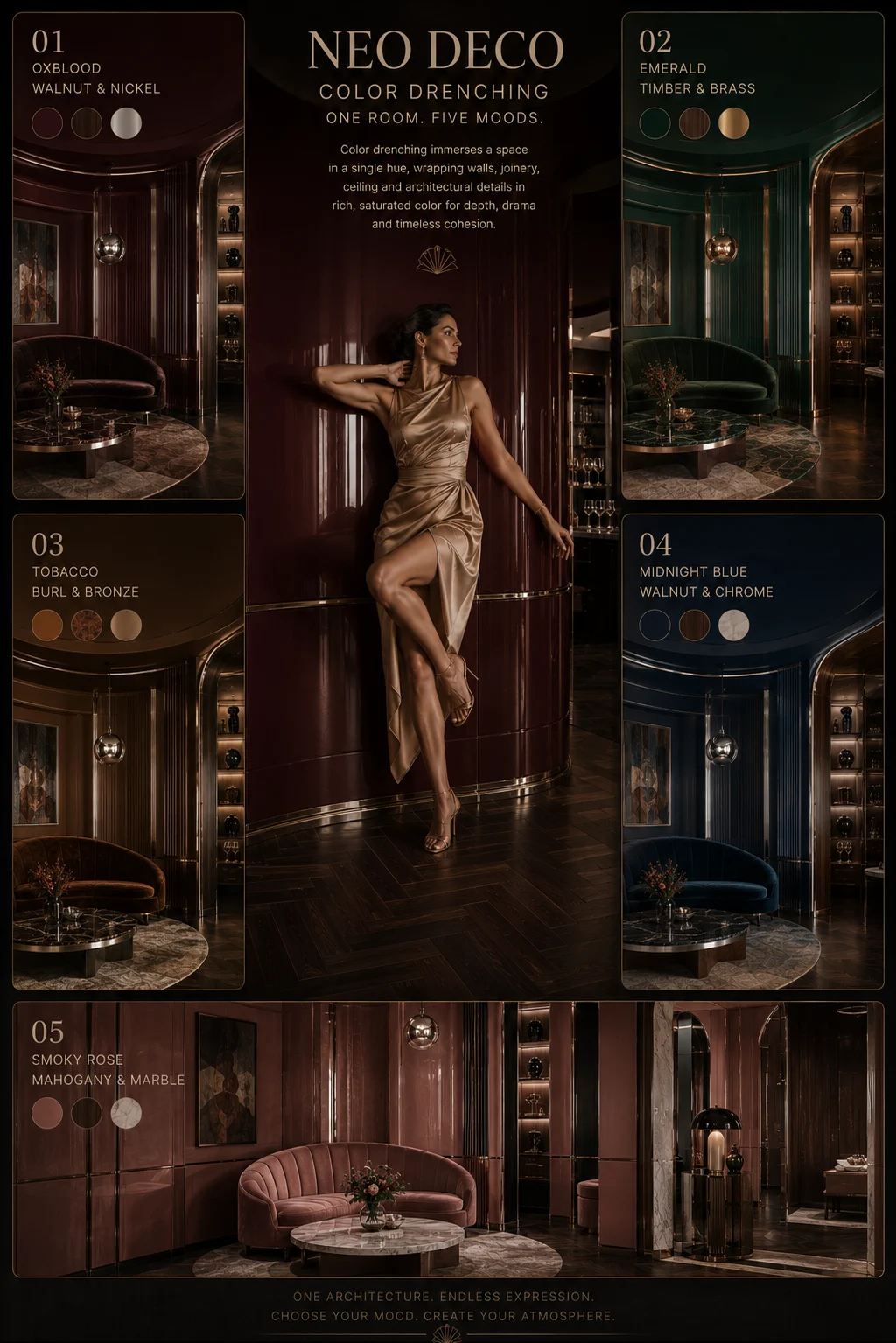 Neo Deco color drenching infographic comparing oxblood, emerald, tobacco, midnight blue and smoky rose palettes