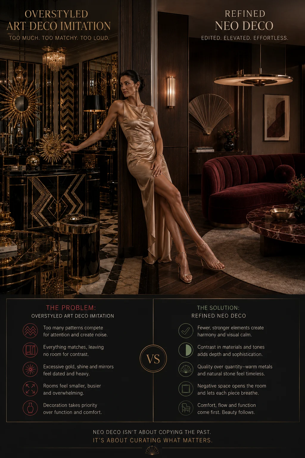 Neo Deco design mistakes infographic comparing overdecorated Art Deco styling with a restrained contemporary interior