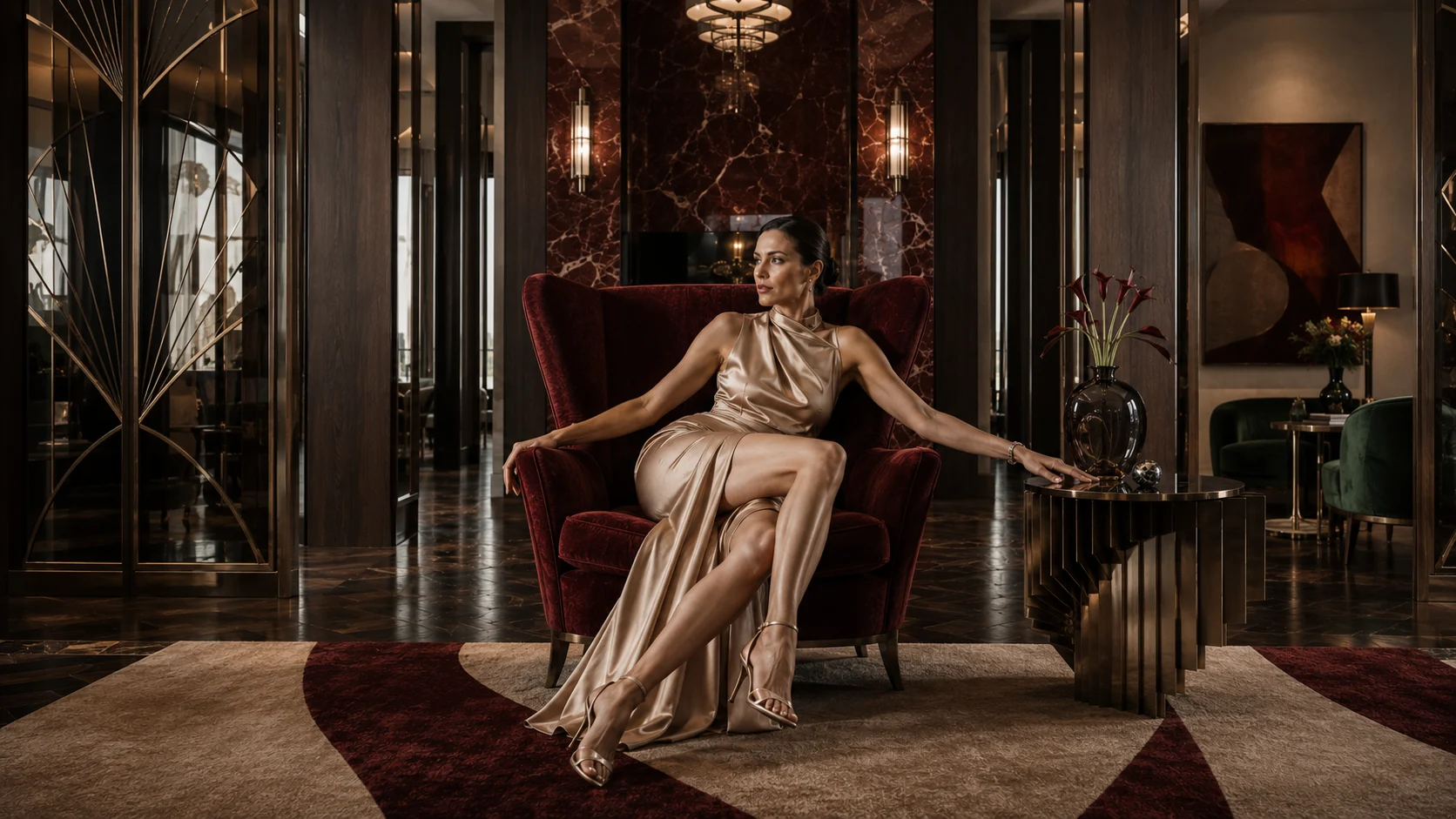 Modern Neo Deco interior with centered fashion model surrounded by dark walnut, red marble, velvet and polished metal