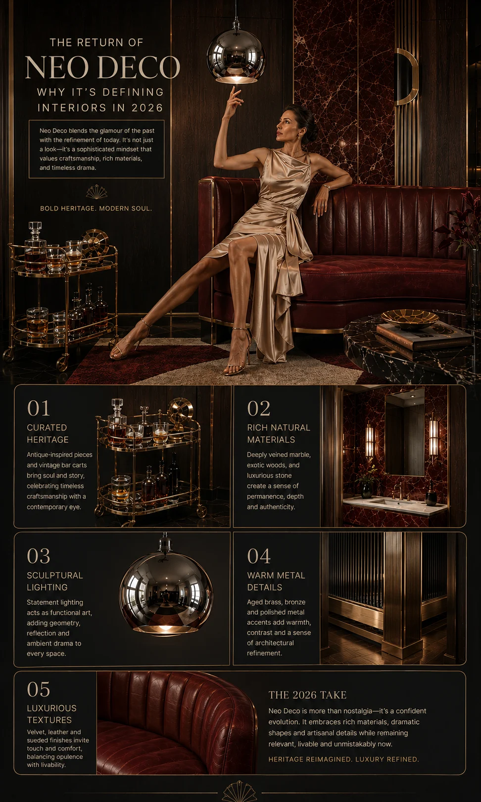 Neo Deco trend infographic featuring red marble, leather banquette, pendant lighting, brass details and antique bar styling