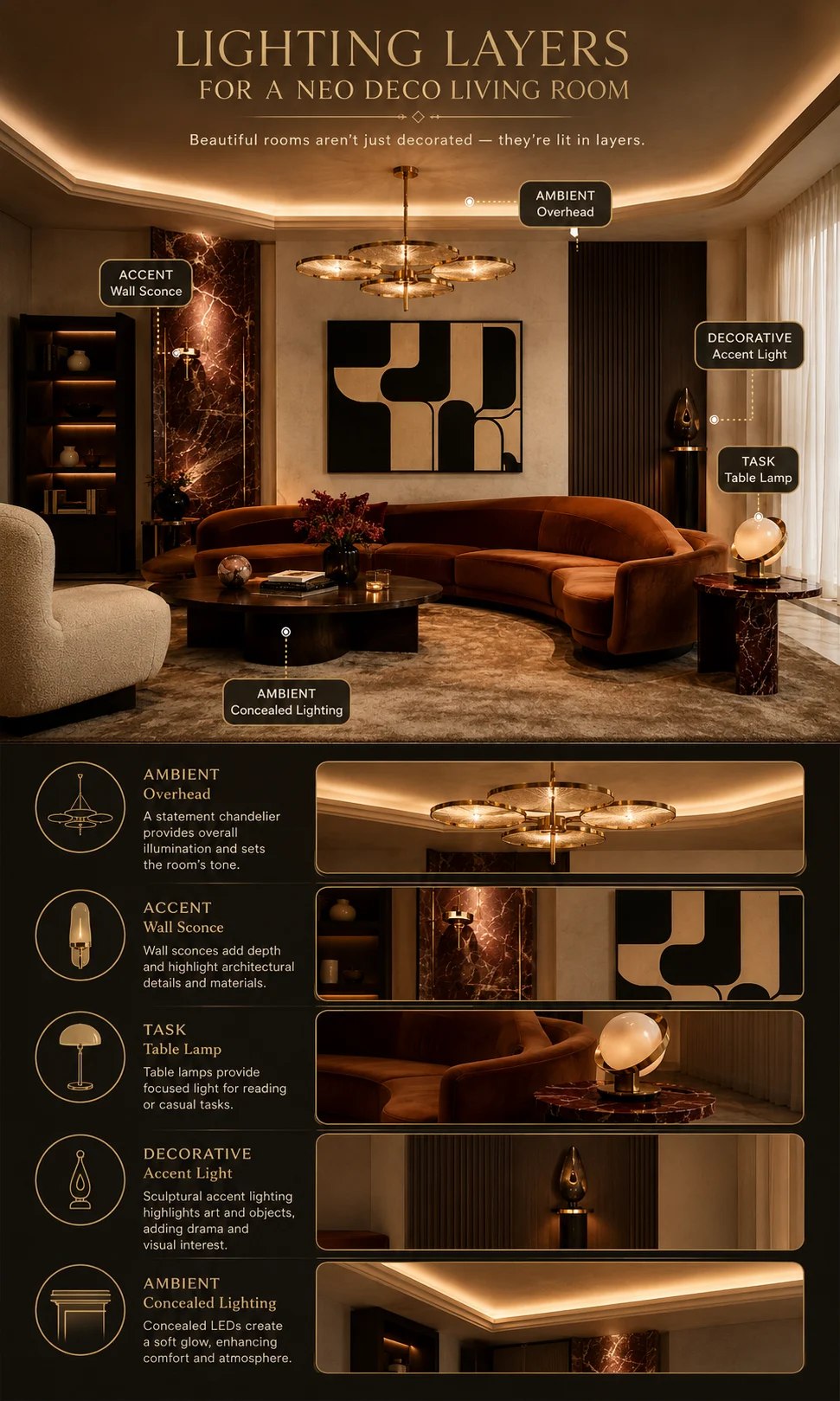 Neo Deco living room lighting diagram showing chandelier, wall sconces, table lamp, accent light and concealed lighting