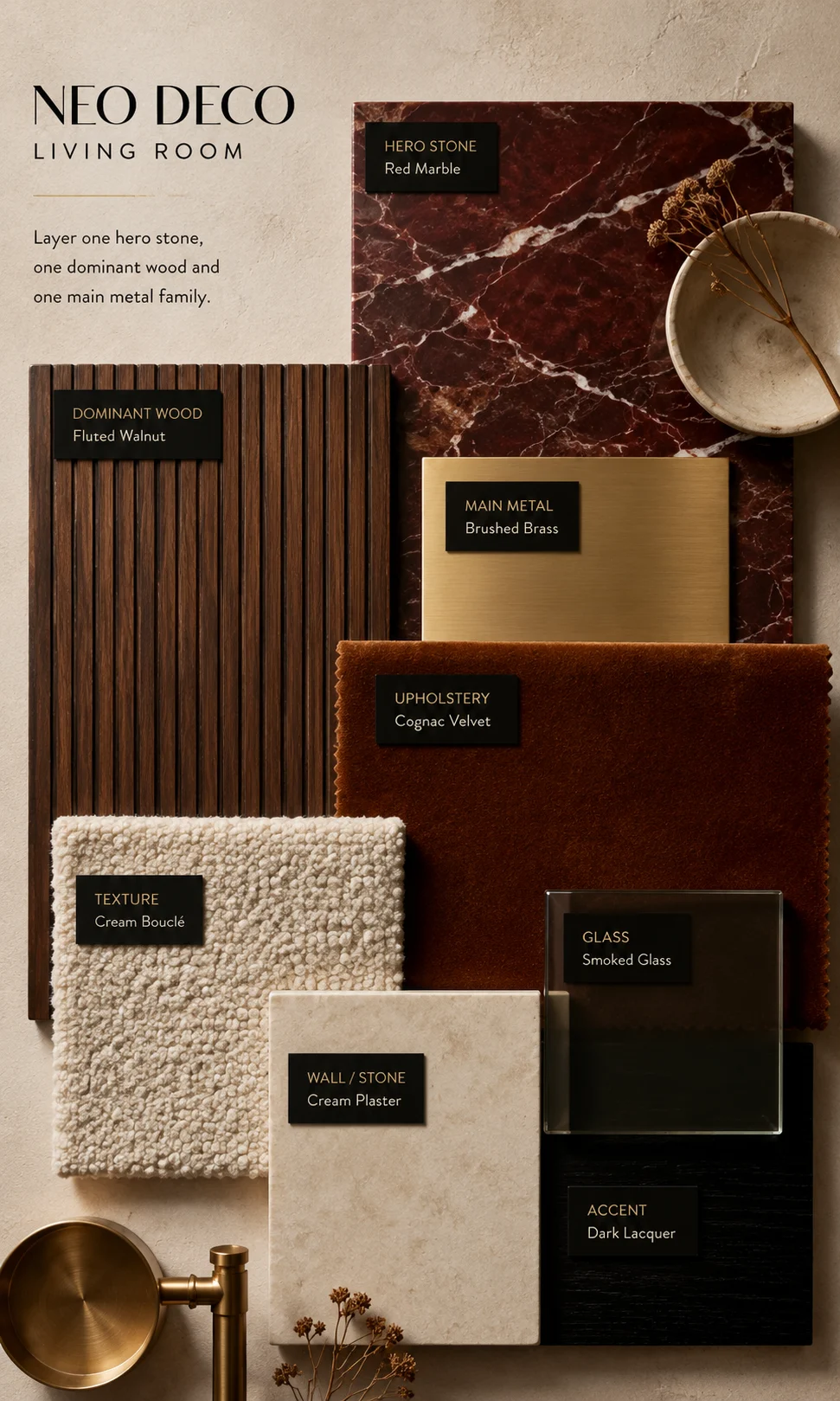 Neo Deco living room material board with red marble, walnut, brass, cognac upholstery, bouclé, smoked glass and plaster