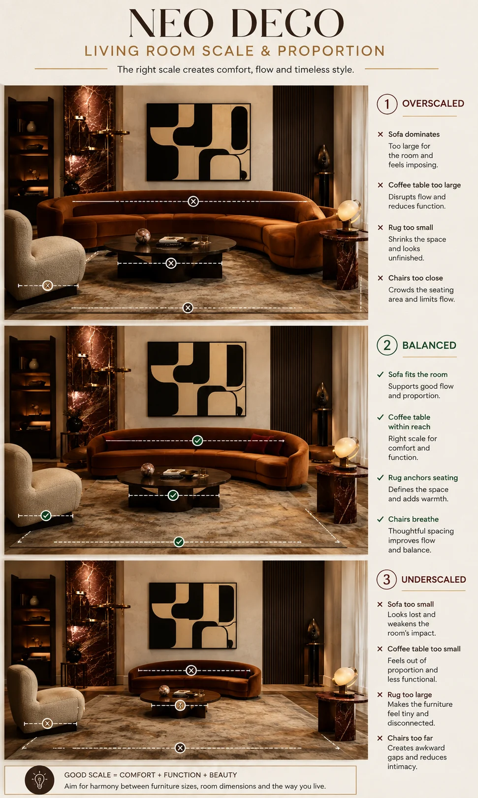 Neo Deco living room comparison showing oversized, balanced and undersized furniture proportions