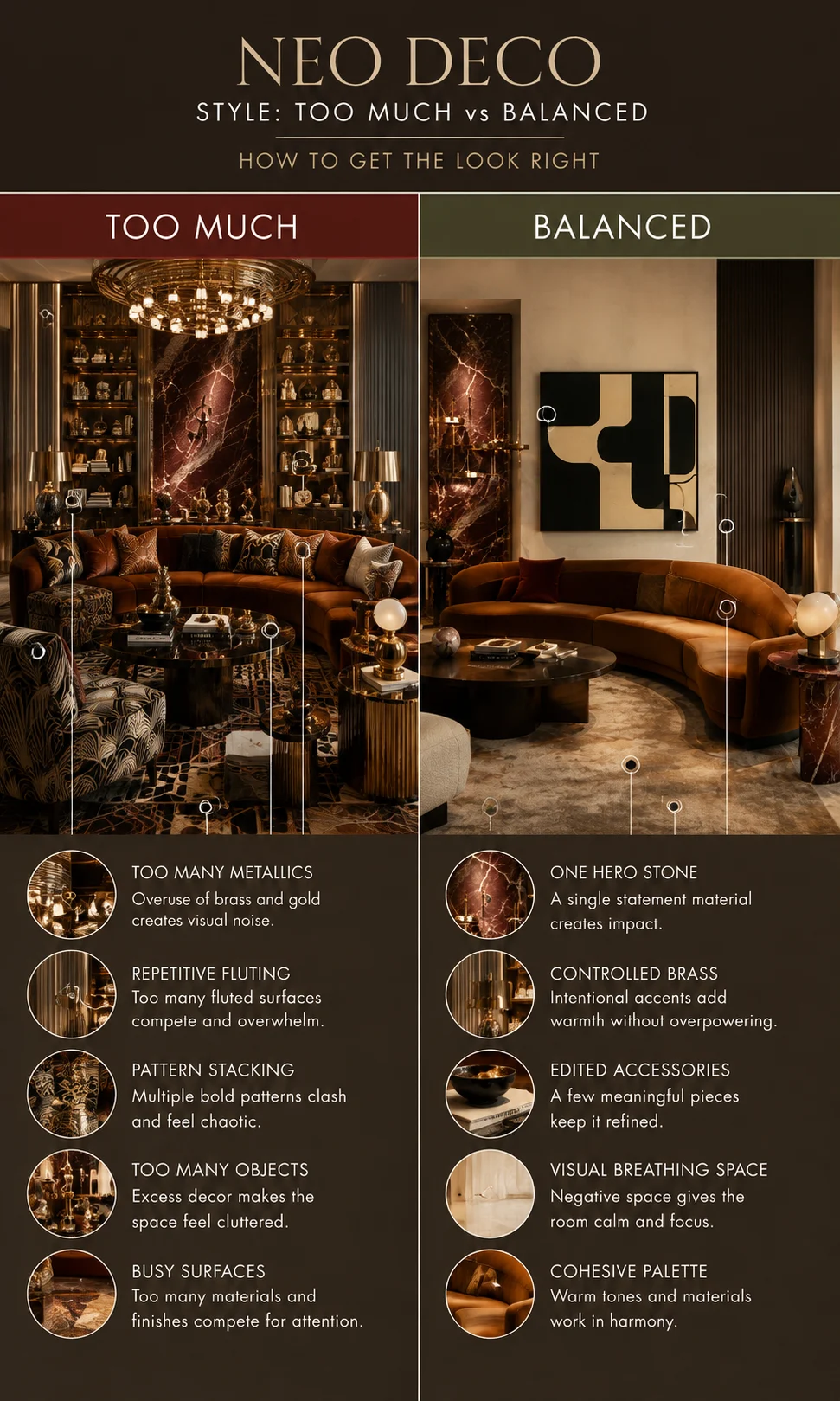 Comparison of an overdecorated Neo Deco living room and a balanced contemporary Neo Deco interior