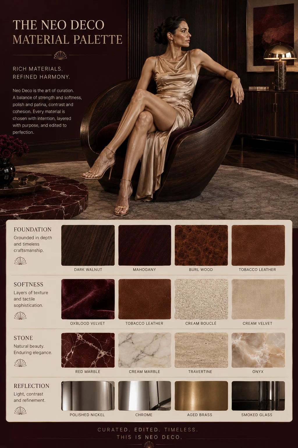 Neo Deco material palette infographic with dark walnut, mahogany, burl wood, velvet, leather, marble, metal and smoked glass