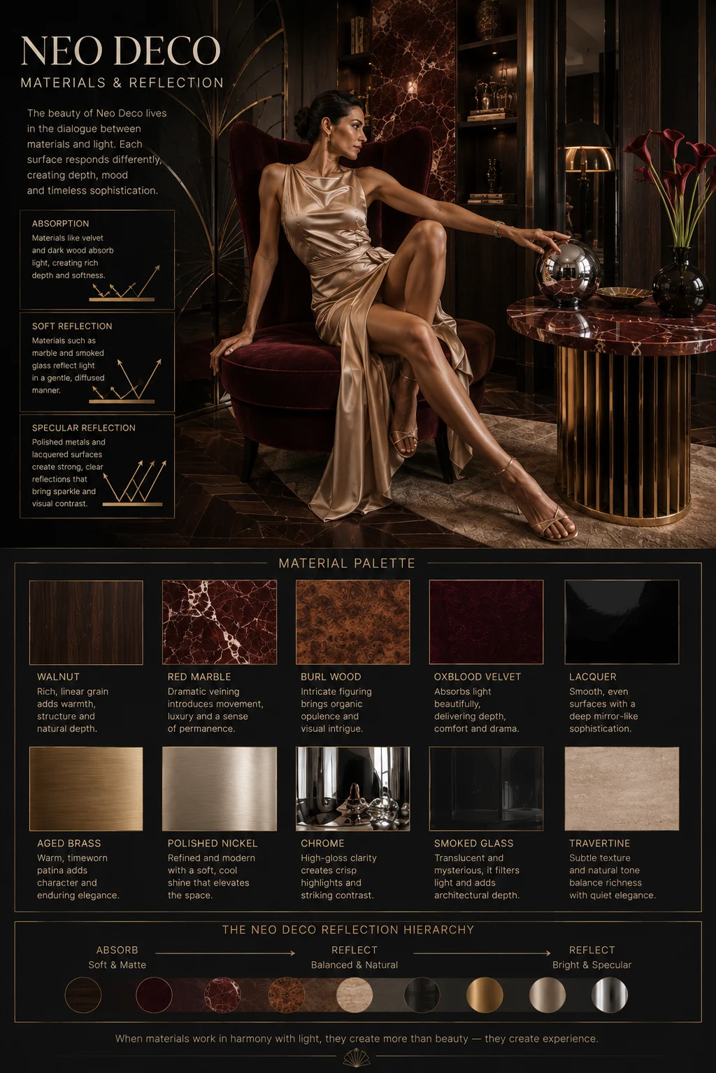 Neo Deco material infographic comparing velvet, walnut, marble, leather, lacquer, polished nickel and glass