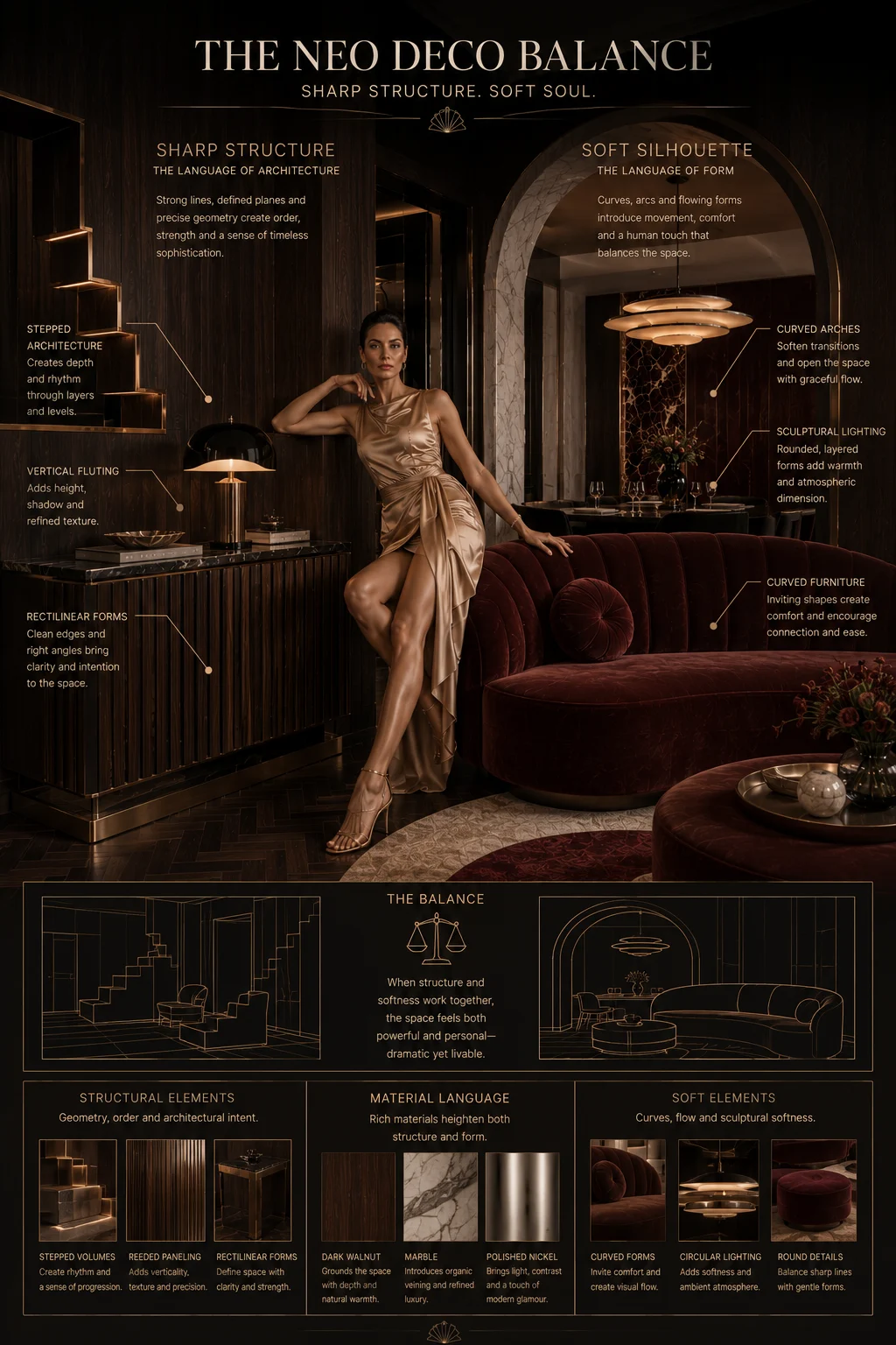 Neo Deco furniture infographic balancing sharp geometric architecture with curved sculptural furniture