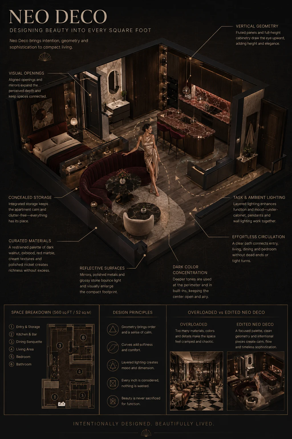 Neo Deco small apartment infographic showing circulation, concealed storage, mirror sightlines and controlled material use