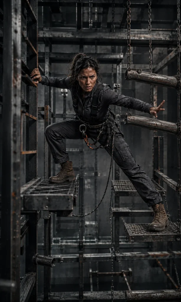 Woman climbing through an obstructed industrial route with multiple barriers, representing other possible causes of executive difficulties