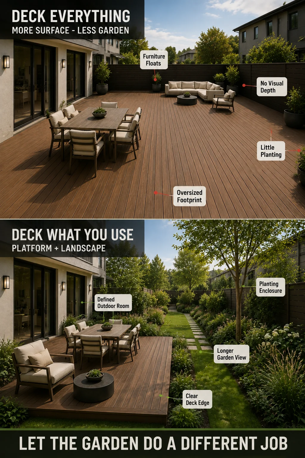 Same backyard showing an oversized deck covering most of the garden compared with a right-sized deck surrounded by planting and lawn
