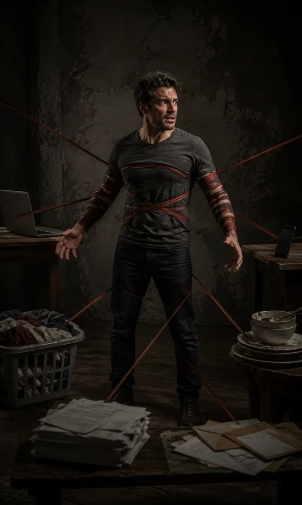 Man standing still with red threads extending toward multiple unfinished tasks around him, showing overwhelm and freeze