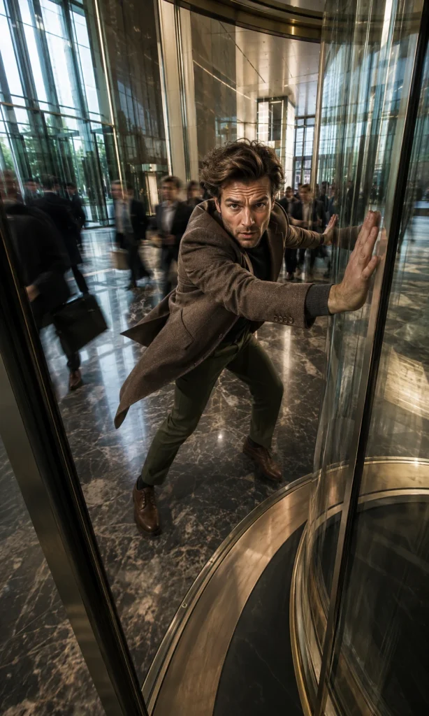 Man forcefully stopping a large revolving door in a crowded lobby before making a major decision