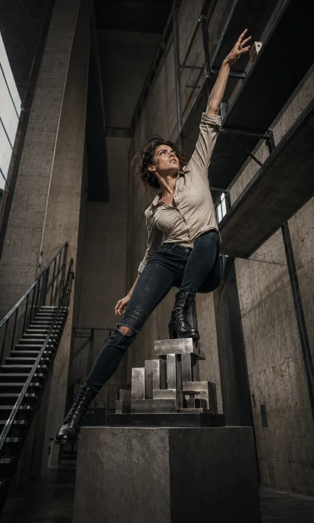 Woman stretching past a completed achievement toward another impossible target, representing success that never feels sufficient