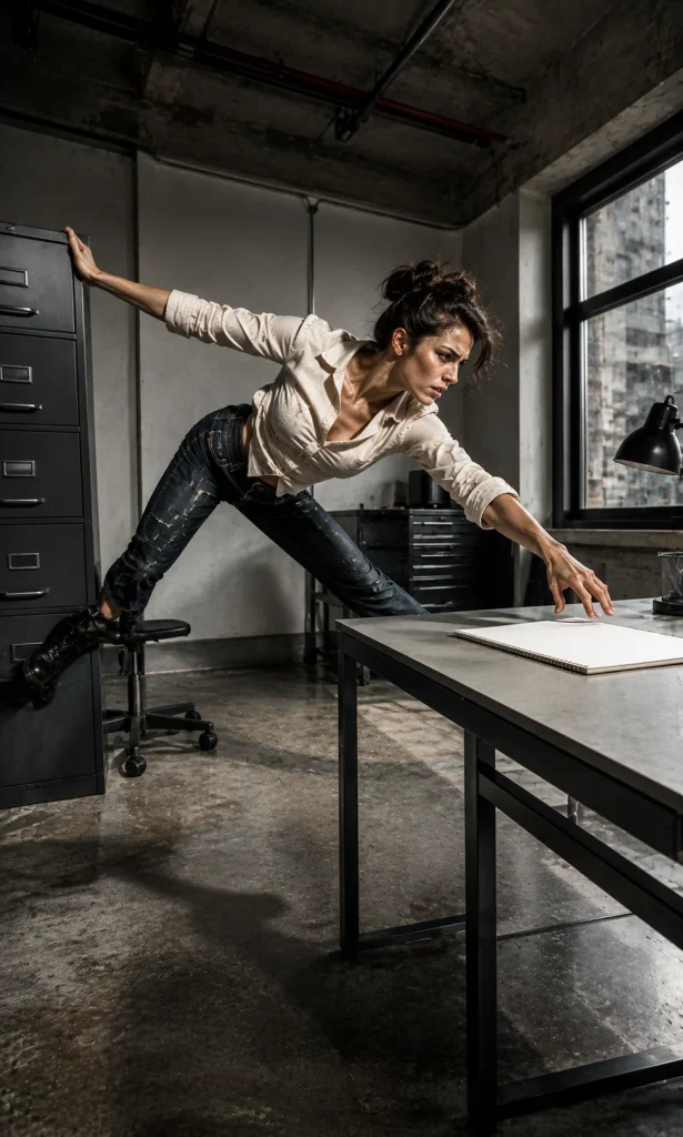 Woman simultaneously reaching toward and pulling away from an unfinished task representing perfectionism-driven avoidance
