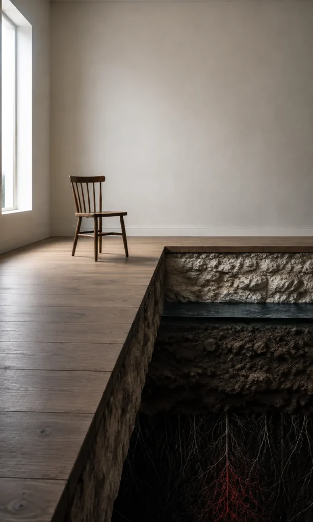Conceptual photograph showing a simple chair above several hidden layers beneath the floor