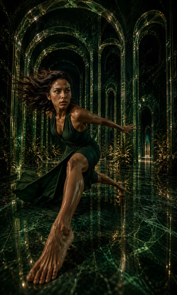 Woman stopping abruptly as repeating emerald arches continue into the distance, representing persistent loss of pleasure that warrants assessment