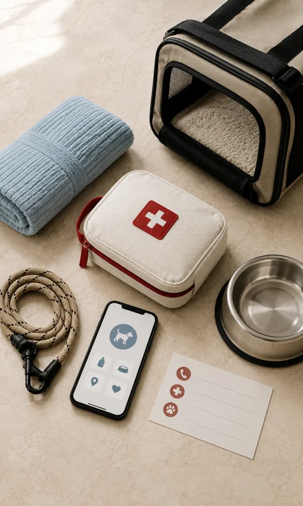 Pet emergency kit beside smartphone carrier leash and veterinary contact card