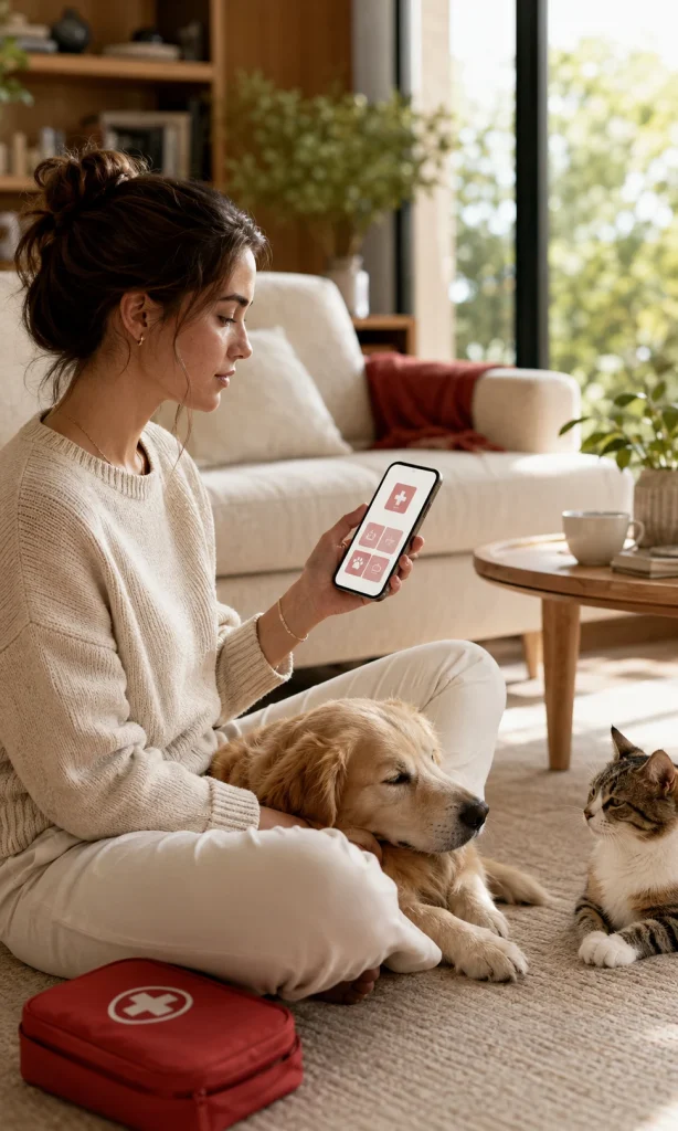 Dog and cat owner reviewing pet first aid information before an emergency
